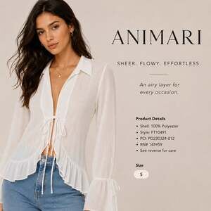 Animari White Sheer Flowy Tie-Front Ruffle Hem Blouse
